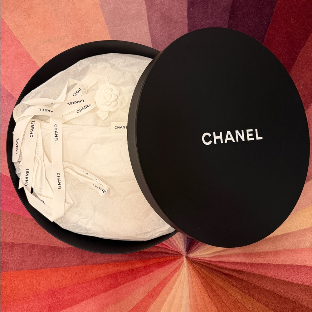 Chanel Elegant Black Hat Box with White Ribbon and handle